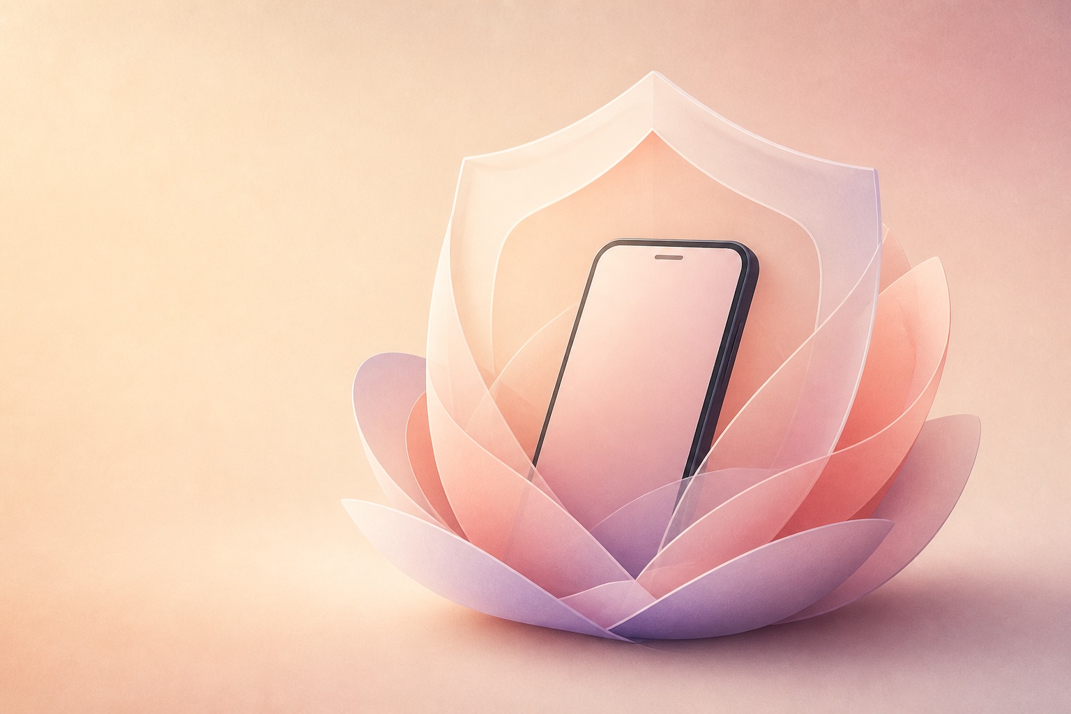 Editorial illustration of a phone protected inside translucent petal-like layers.