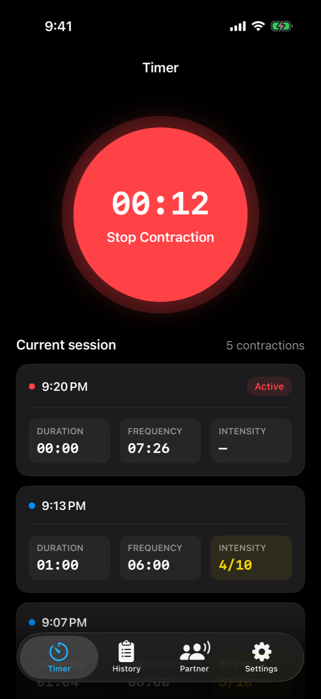 Between Contractions running on iOS with an active timer, current-session cards, and Apple's floating tab bar
